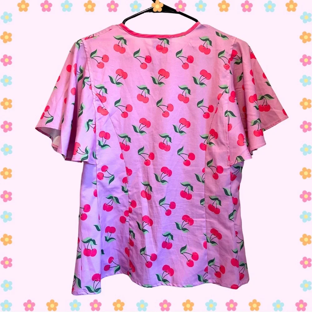 Unique Vintage Hot Pink Cherry Tie Neck Blouse 50s 60s Inspired Pinup Kawaii - Picture 2 of 7